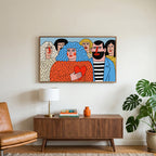 Colorful naive crowd with a heart art on a TV above a walnut credenza with a brass lamp and a monstera plant