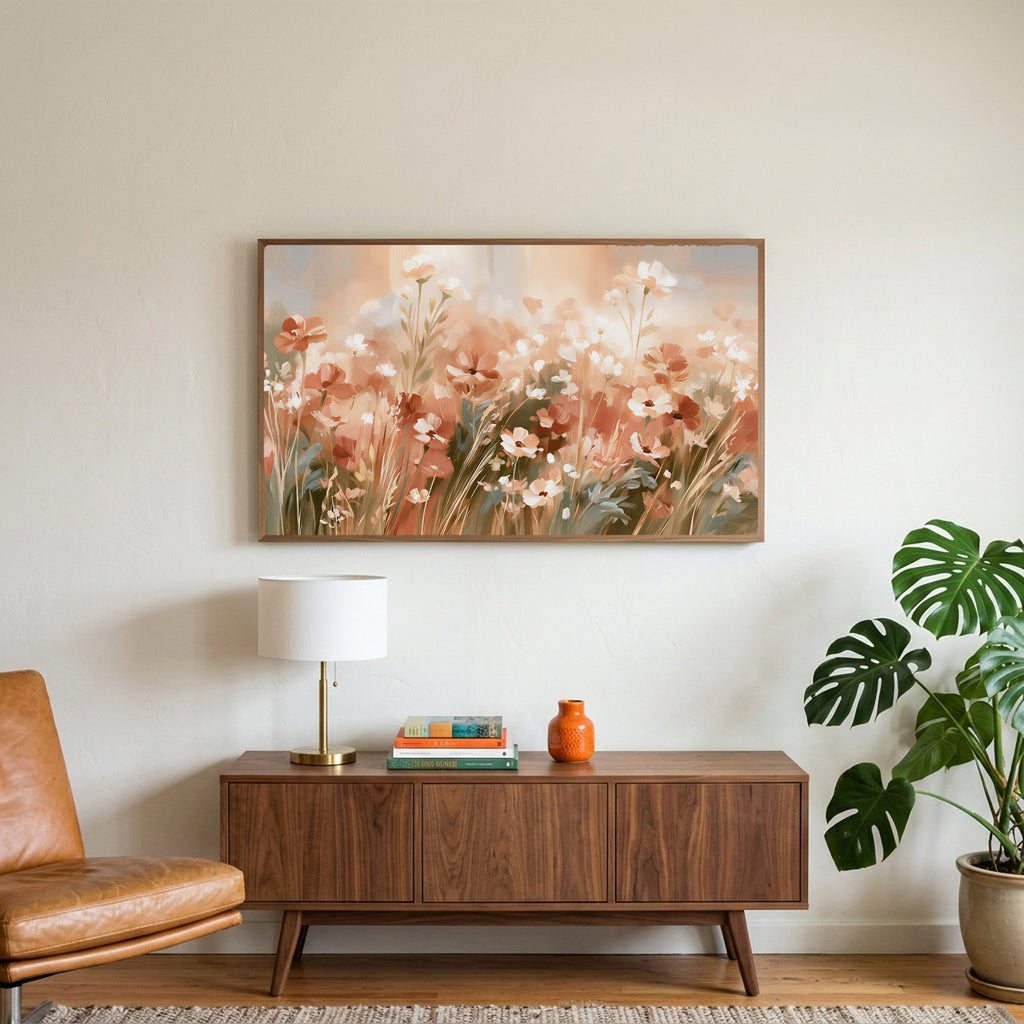 Terracotta wildflower meadow art on a TV above a walnut credenza with a brass lamp and a monstera plant