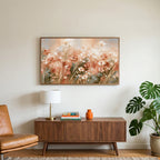 Terracotta wildflower meadow art on a TV above a walnut credenza with a brass lamp and a monstera plant