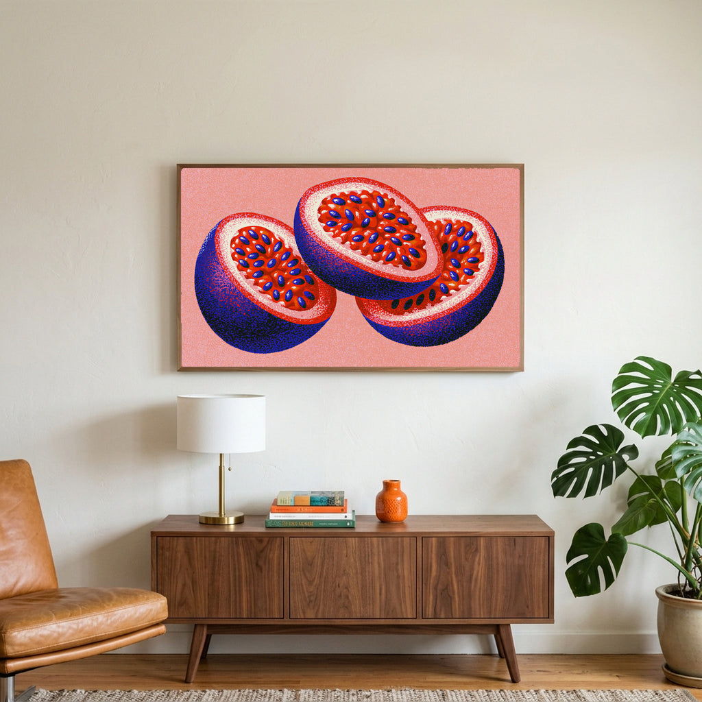 Passion fruit art on a TV above a walnut credenza with a brass lamp and a monstera plant