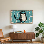 Yoga cat art on a TV above a walnut credenza with a brass lamp and a monstera plant