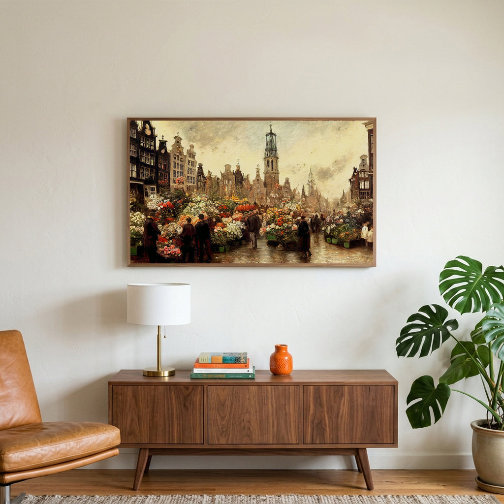 Amsterdam flower market art on a TV above a walnut credenza with a brass lamp and a monstera plant