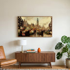 Amsterdam flower market art on a TV above a walnut credenza with a brass lamp and a monstera plant