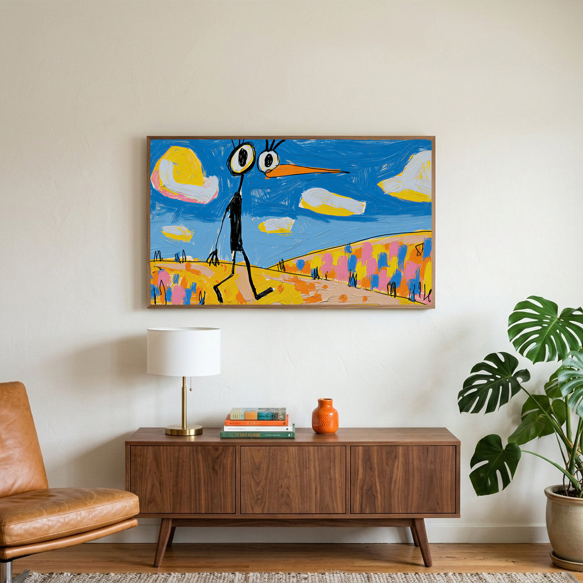 Funny alien bird art on a TV above a walnut credenza with a brass lamp and a monstera plant