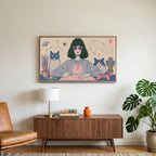 Astrology and cats art on a TV above a walnut credenza with a brass lamp and a monstera plant