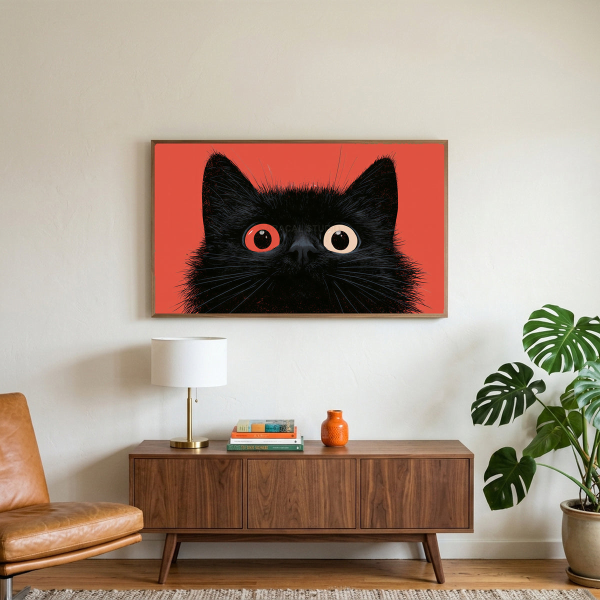 Black cat with big eyes art on a TV above a walnut credenza with a brass lamp and a monstera plant