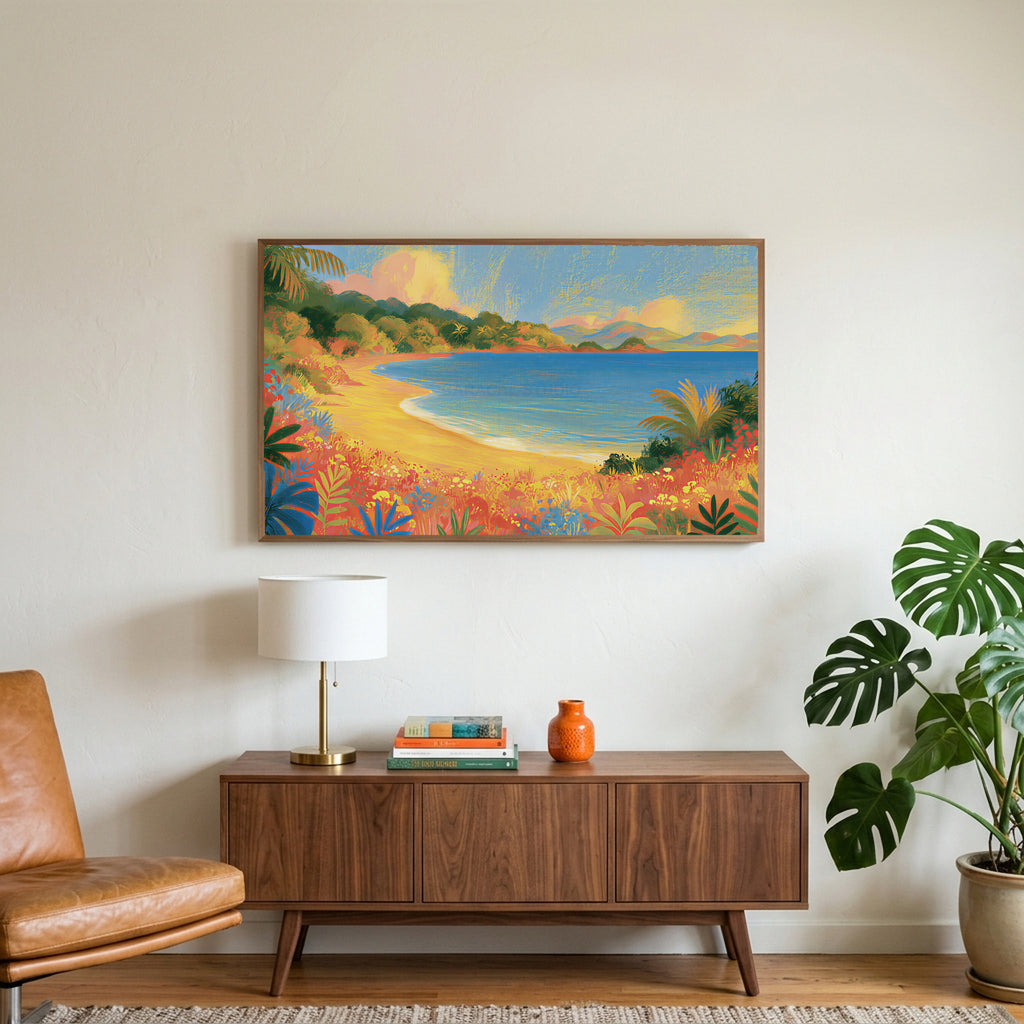 Tropical cove art on a TV above a walnut credenza with a brass lamp and a monstera plant