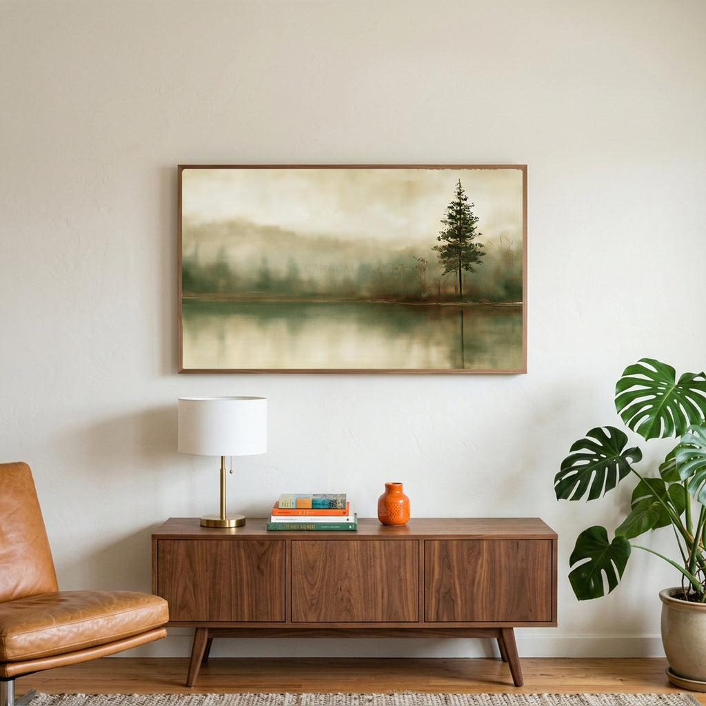 Misty lake pine art on a TV above a walnut credenza with a brass lamp and a monstera plant