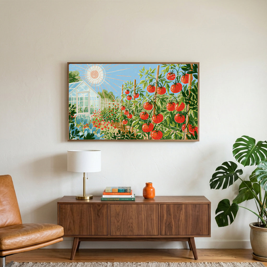 Tomato garden art on a TV above a walnut credenza with a brass lamp and a monstera plant