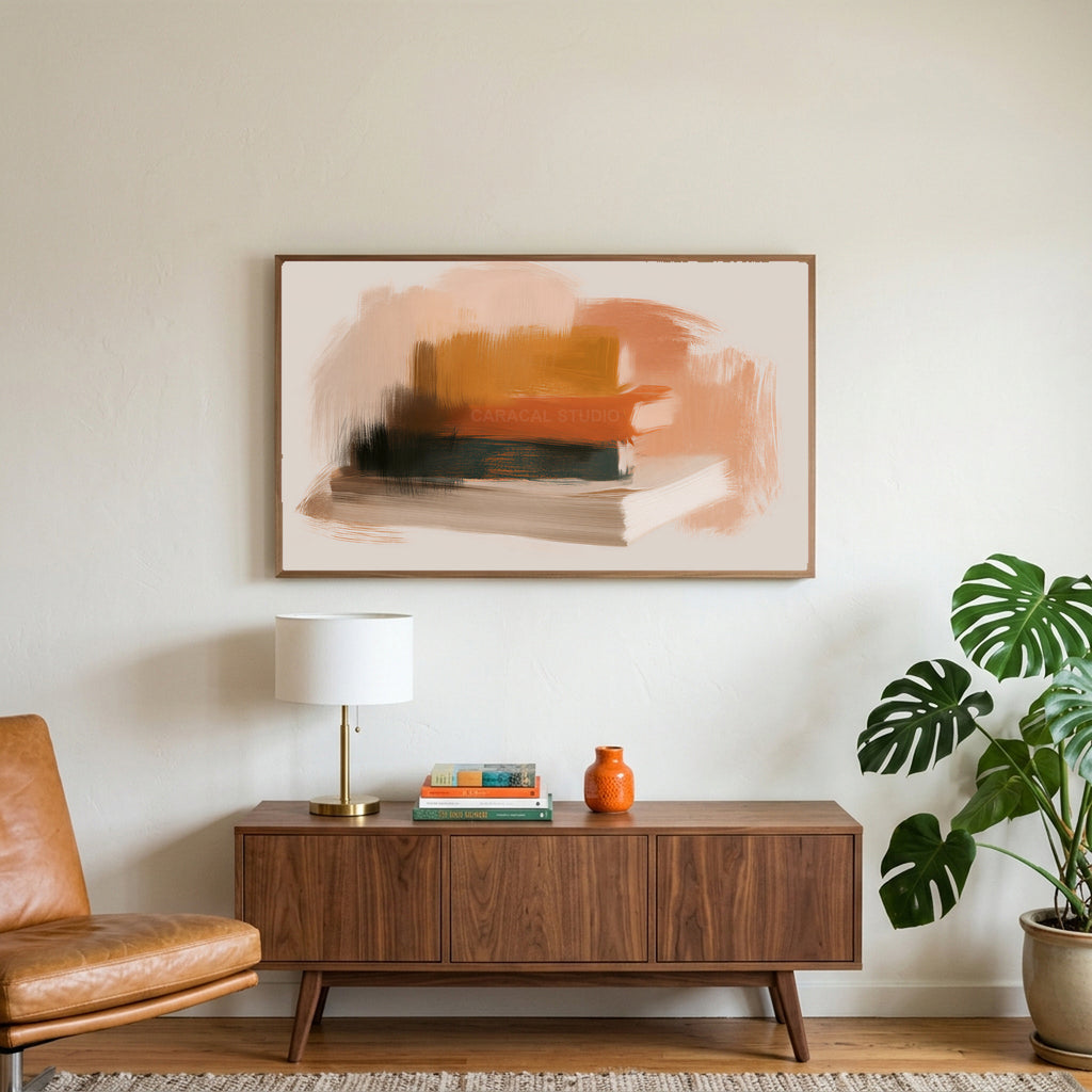 Book stack art on a TV above a walnut credenza with a brass lamp and a monstera plant