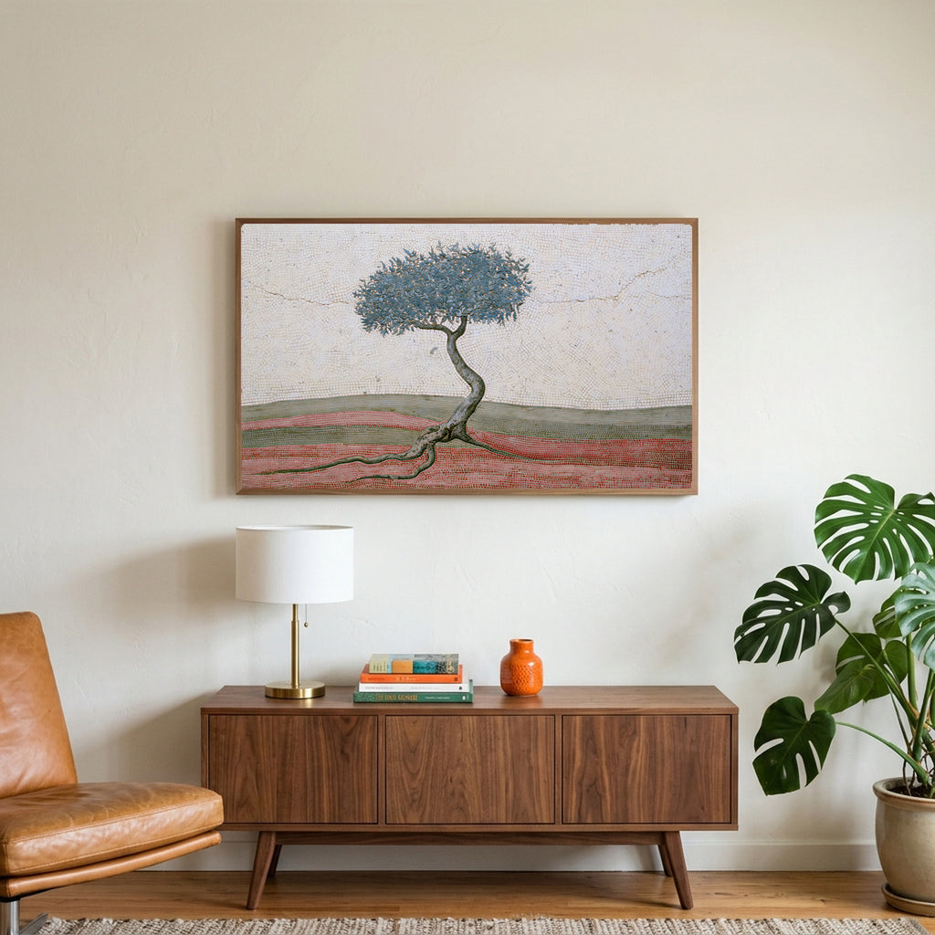 Mosaic tree art on a TV above a walnut credenza with a brass lamp and a monstera plant