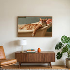 Cat in a bathtub art on a TV above a walnut credenza with a brass lamp and a monstera plant