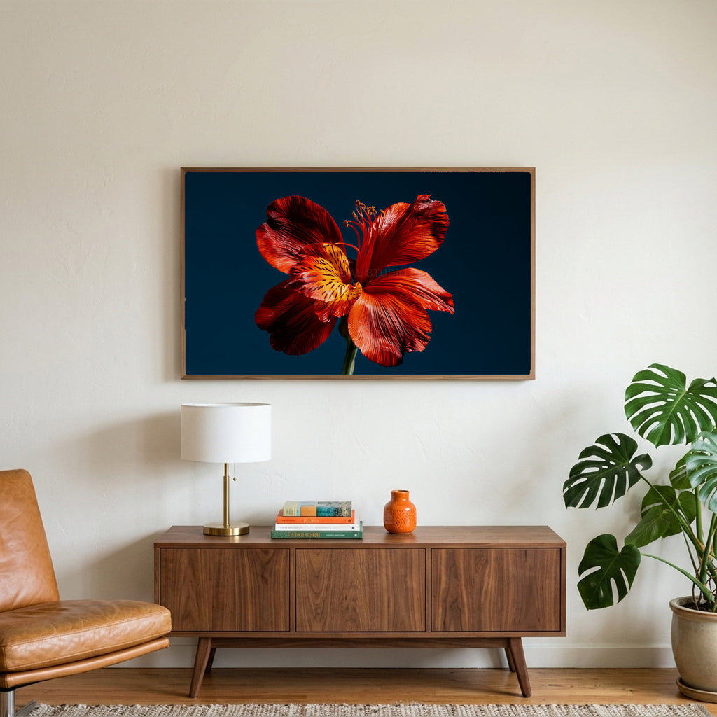 Red lily on navy art on a TV above a walnut credenza with a brass lamp and a monstera plant