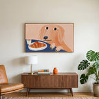 Dog with a croissant art on a TV above a walnut credenza with a brass lamp and a monstera plant