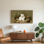 White kitten art on a TV above a walnut credenza with a brass lamp and a monstera plant