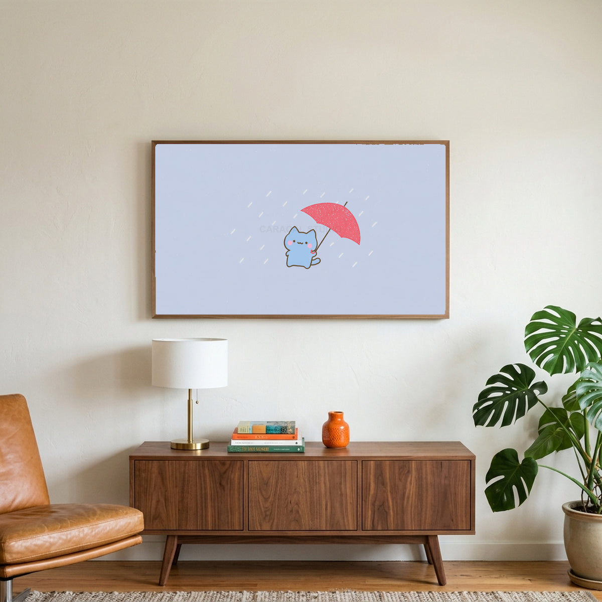 Umbrella kitten art on a TV above a walnut credenza with a brass lamp and a monstera plant