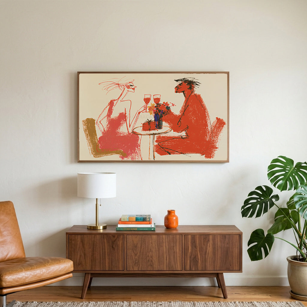 Wine toast art on a TV above a walnut credenza with a brass lamp and a monstera plant
