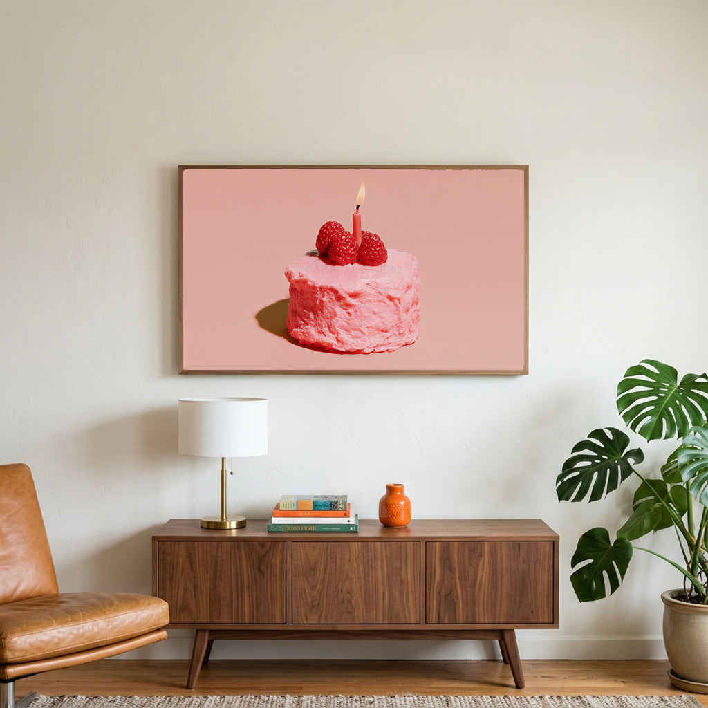 Birthday cake art on a TV above a walnut credenza with a brass lamp and a monstera plant