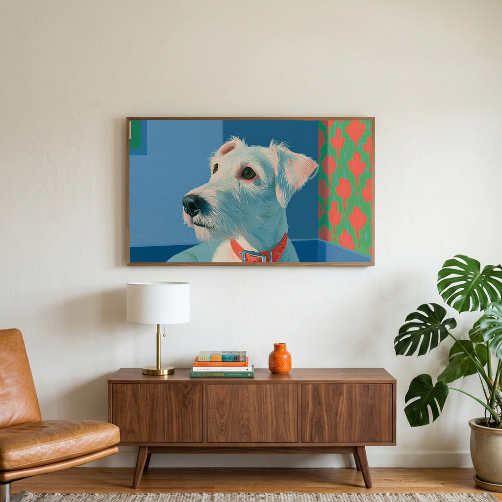 Terrier portrait art on a TV above a walnut credenza with a brass lamp and a monstera plant
