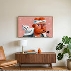 Bearded man and cat art on a TV above a walnut credenza with a brass lamp and a monstera plant