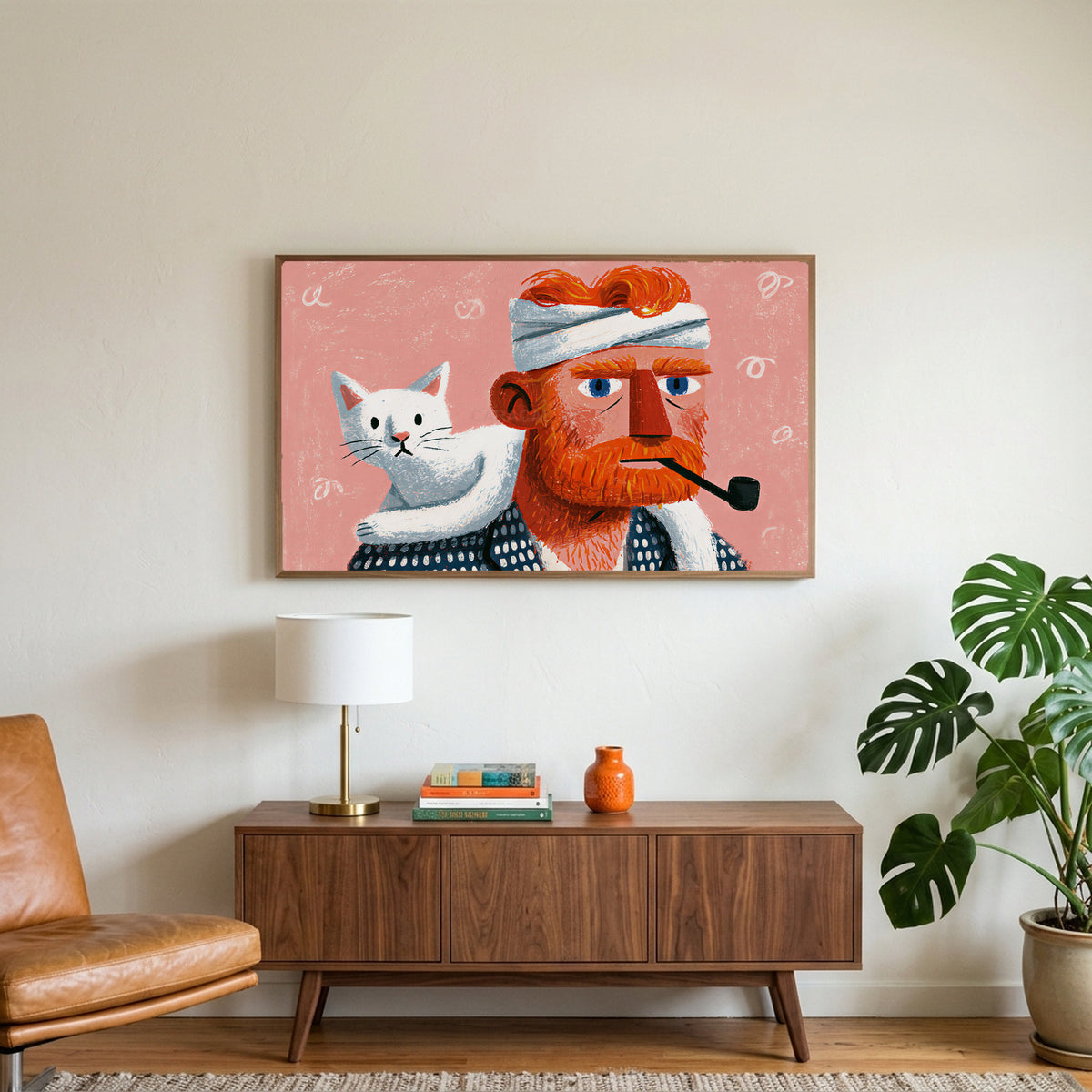 Bearded man and cat art on a TV above a walnut credenza with a brass lamp and a monstera plant