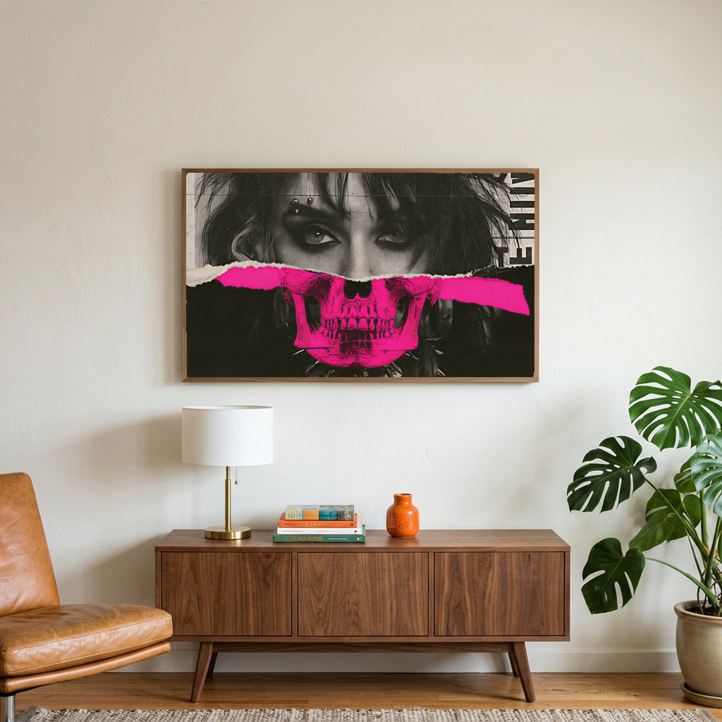 Punk skull portrait art on a TV above a walnut credenza with a brass lamp and a monstera plant
