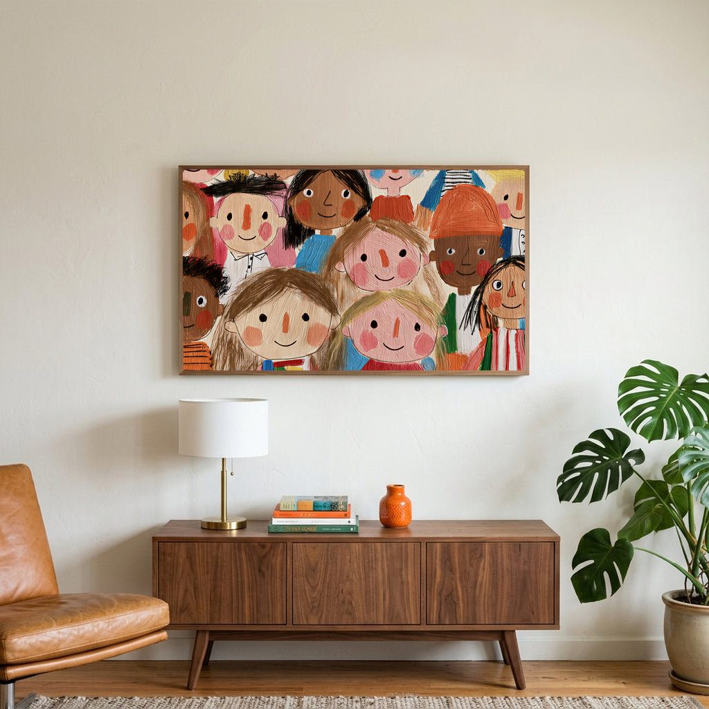 Smiling faces art on a TV above a walnut credenza with a brass lamp and a monstera plant