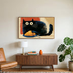 Croissant black cat art on a TV above a walnut credenza with a brass lamp and a monstera plant
