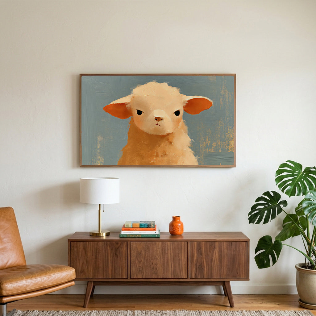 Grumpy lamb art on a TV above a walnut credenza with a brass lamp and a monstera plant
