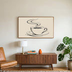 Coffee cup line art art on a TV above a walnut credenza with a brass lamp and a monstera plant