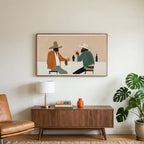 Cowboys and saloon drinks art on a TV above a walnut credenza with a brass lamp and a monstera plant