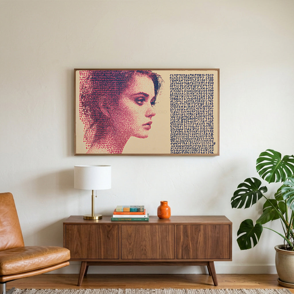Stipple portrait art on a TV above a walnut credenza with a brass lamp and a monstera plant