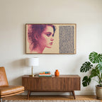 Stipple portrait art on a TV above a walnut credenza with a brass lamp and a monstera plant