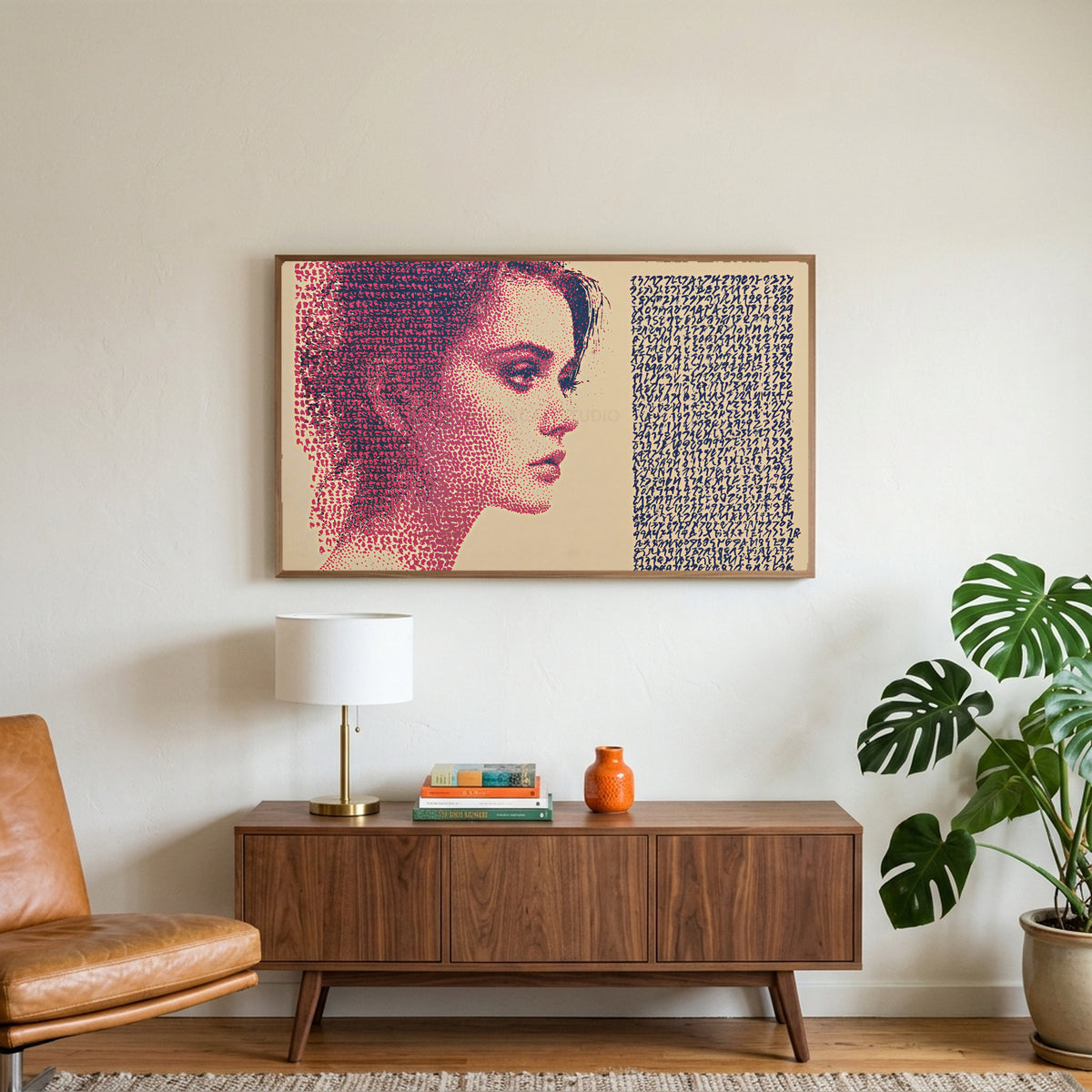 Stipple portrait art on a TV above a walnut credenza with a brass lamp and a monstera plant