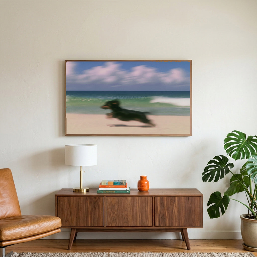 Running beach dachshund art on a TV above a walnut credenza with a brass lamp and a monstera plant