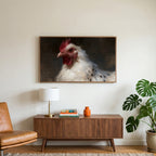 White hen portrait art on a TV above a walnut credenza with a brass lamp and a monstera plant
