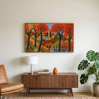 Folk art autumn farmhouse art on a TV above a walnut credenza with a brass lamp and a monstera plant