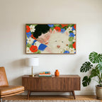 White terrier among flowers art on a TV above a walnut credenza with a brass lamp and a monstera plant