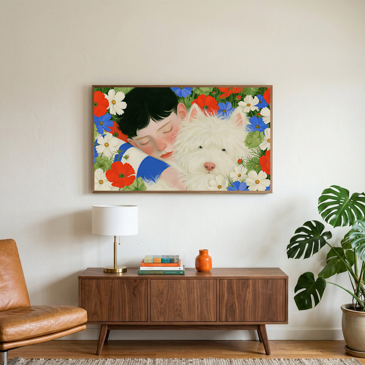White terrier among flowers art on a TV above a walnut credenza with a brass lamp and a monstera plant