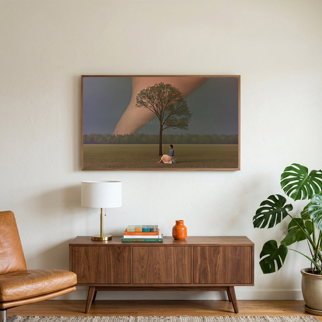 Storm field tree art on a TV above a walnut credenza with a brass lamp and a monstera plant