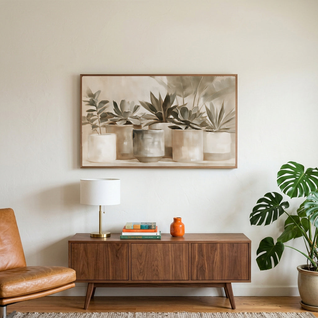 Neutral succulent pots art on a TV above a walnut credenza with a brass lamp and a monstera plant