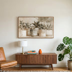 Neutral succulent pots art on a TV above a walnut credenza with a brass lamp and a monstera plant