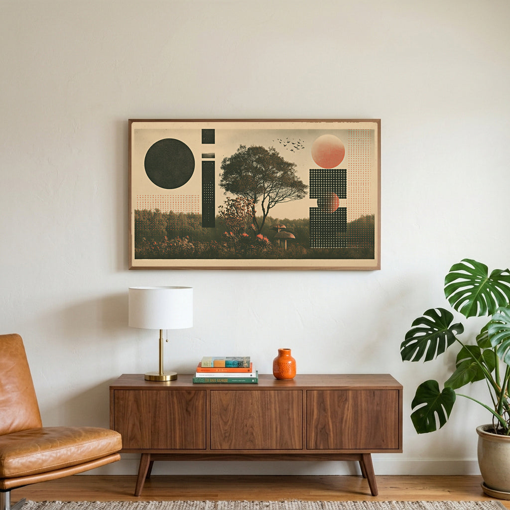 Tree and mushroom collage art on a TV above a walnut credenza with a brass lamp and a monstera plant