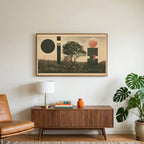 Tree and mushroom collage art on a TV above a walnut credenza with a brass lamp and a monstera plant
