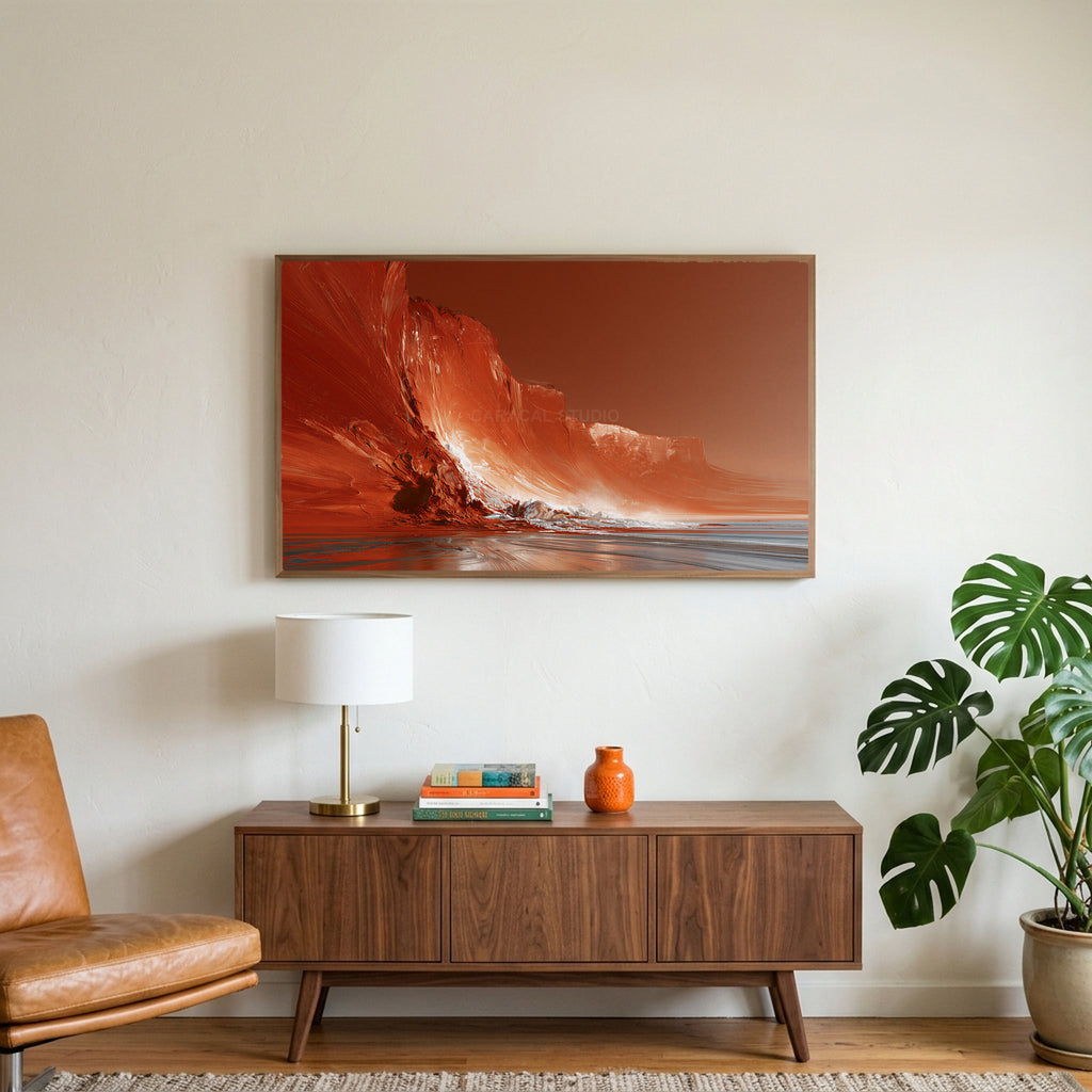 Red sea cliffs art on a TV above a walnut credenza with a brass lamp and a monstera plant