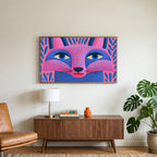 Pink folk art fox art on a TV above a walnut credenza with a brass lamp and a monstera plant
