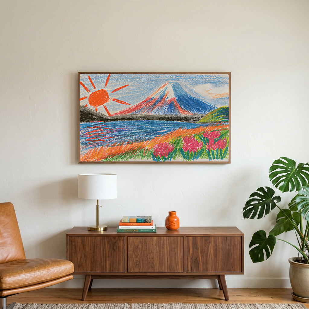 Crayon Mount Fuji art on a TV above a walnut credenza with a brass lamp and a monstera plant