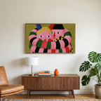 Long striped arms portrait art on a TV above a walnut credenza with a brass lamp and a monstera plant