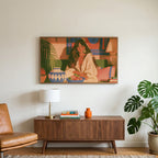 Boho woman portrait art on a TV above a walnut credenza with a brass lamp and a monstera plant
