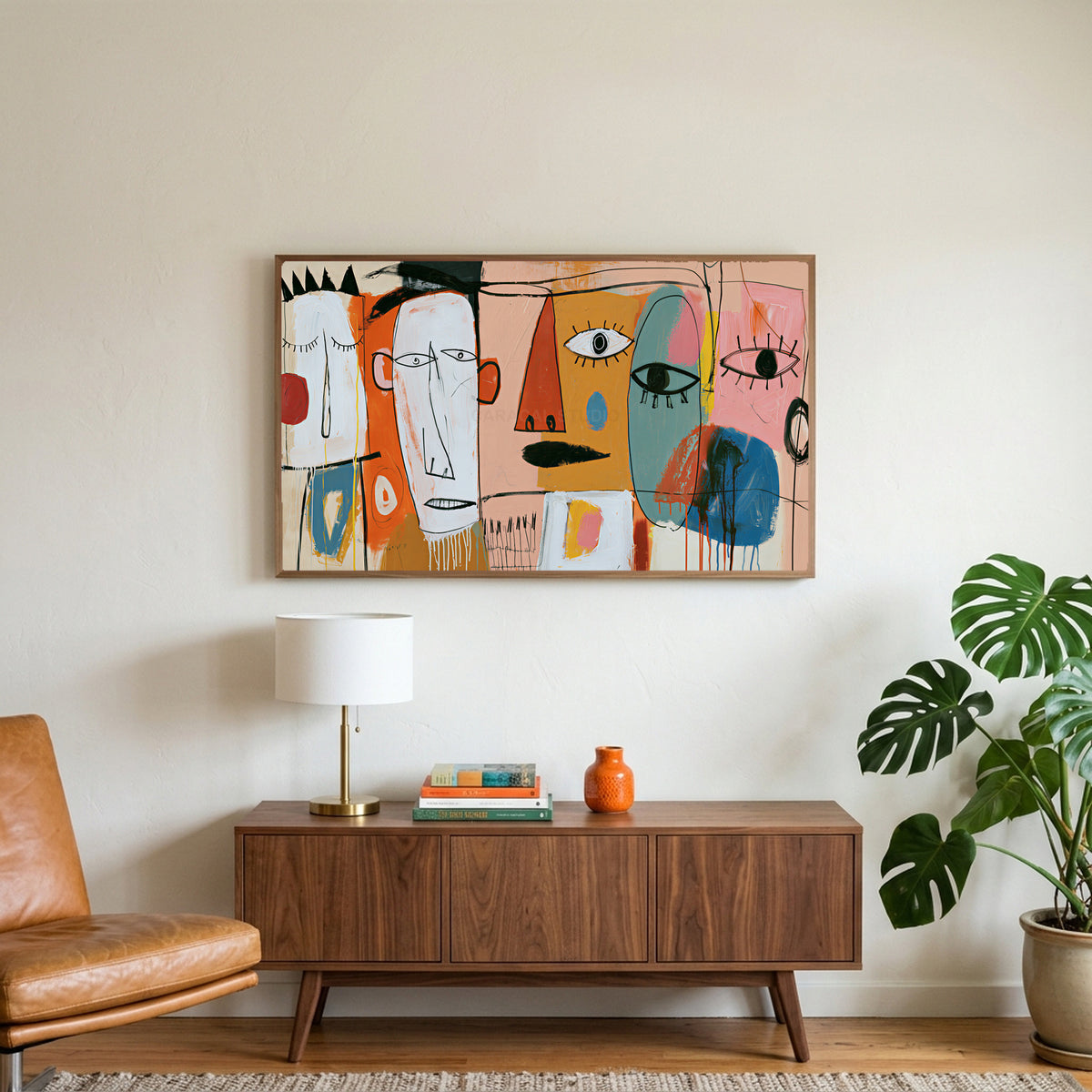 Colorful abstract faces art on a TV above a walnut credenza with a brass lamp and a monstera plant